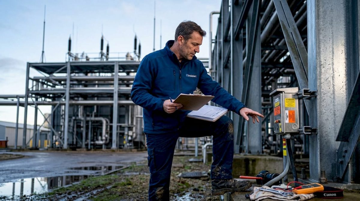 Engineer inspecting industrial lightning protection system