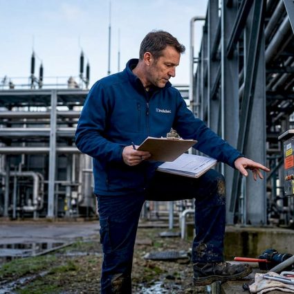Engineer inspecting industrial lightning protection system