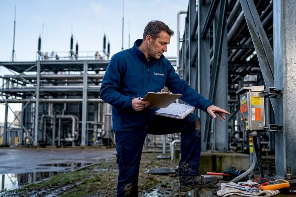 Engineer inspecting industrial lightning protection system