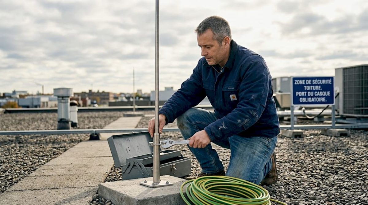 Un technicien effectue une vérification de l'installation du paratonnerre sur le toit.