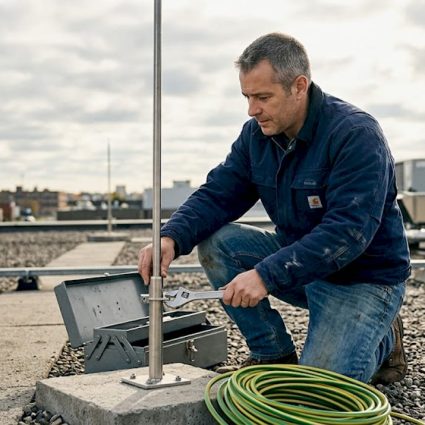 Un technicien effectue une vérification de l'installation du paratonnerre sur le toit.
