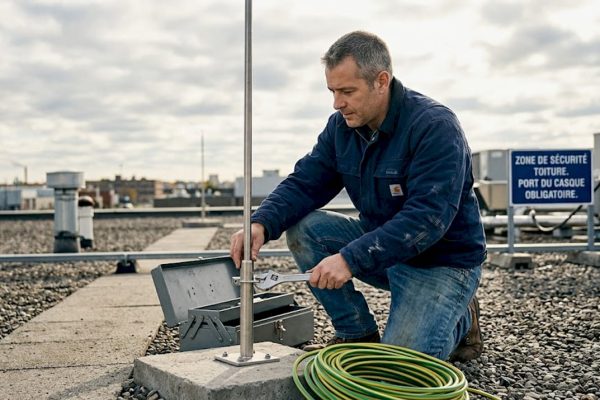 Un technicien effectue une vérification de l'installation du paratonnerre sur le toit.