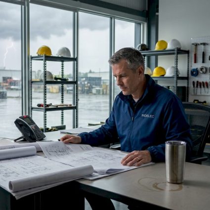 Facility manager reviews storm safety in office