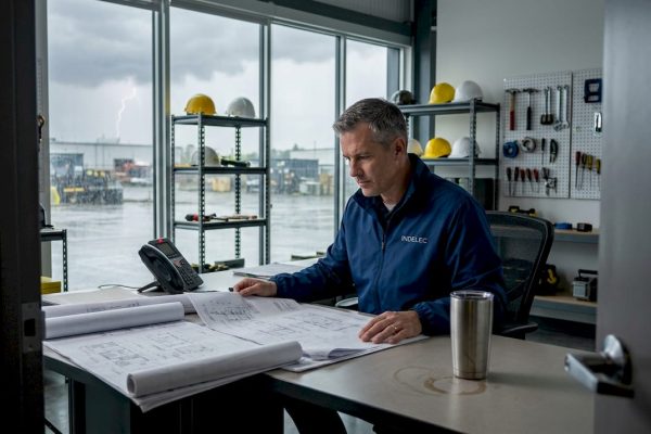Facility manager reviews storm safety in office