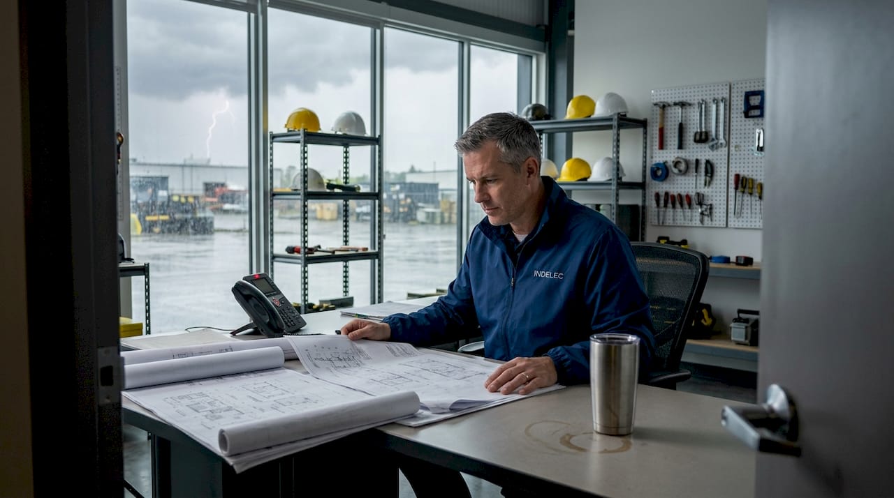Facility manager reviews storm safety in office