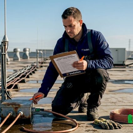 Un technicien procède à la vérification du système de paratonnerre installé sur le toit.