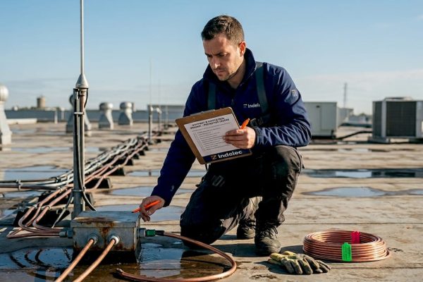 Un technicien procède à la vérification du système de paratonnerre installé sur le toit.