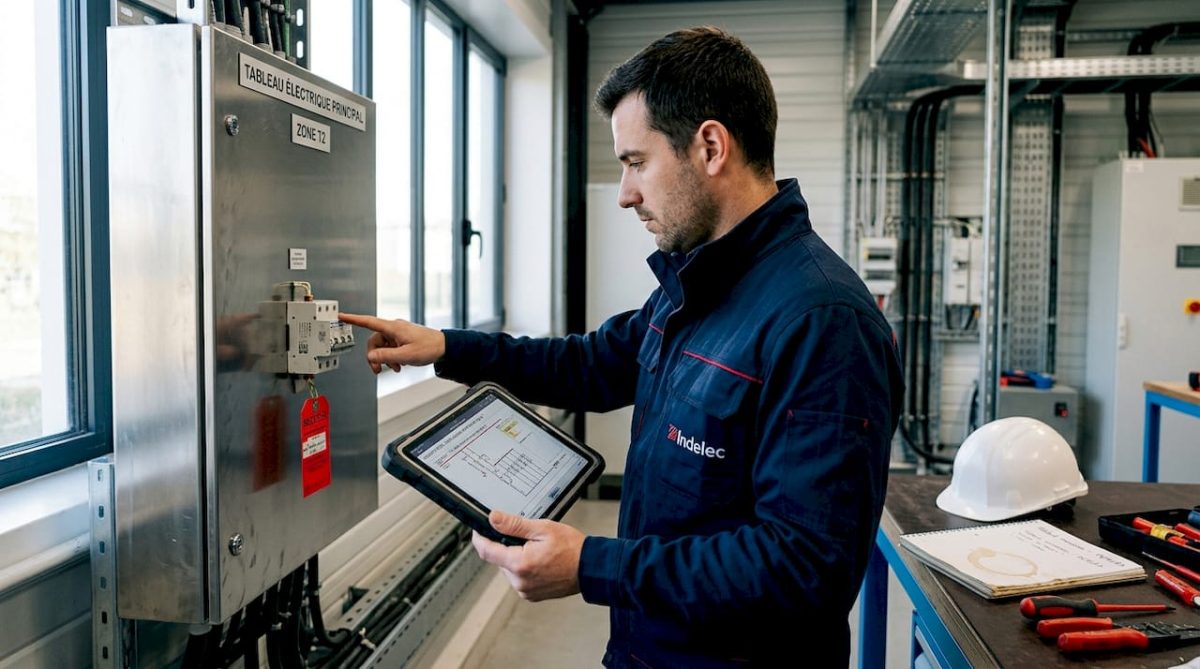 Un ingénieur contrôle l’état des parafoudres au sein d’une salle technique industrielle.