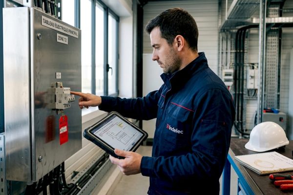Un ingénieur contrôle l’état des parafoudres au sein d’une salle technique industrielle.