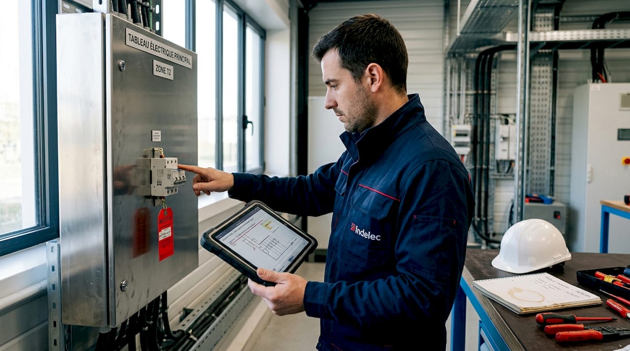 Un ingénieur contrôle l’état des parafoudres au sein d’une salle technique industrielle.