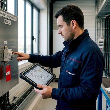 Un ingénieur contrôle l’état des parafoudres au sein d’une salle technique industrielle.