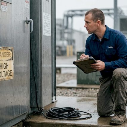 Engineer inspecting outdoor weatherproof electrical panel