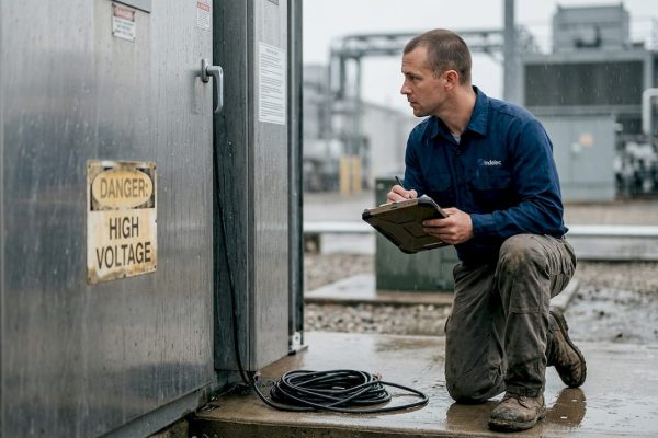 Engineer inspecting outdoor weatherproof electrical panel