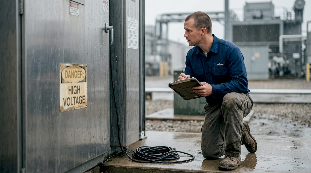 Engineer inspecting outdoor weatherproof electrical panel