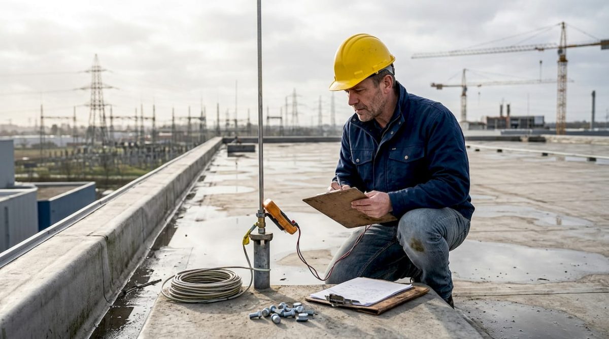 Engineer inspecting lightning rod installation outdoors