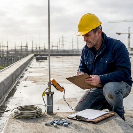 Engineer inspecting lightning rod installation outdoors