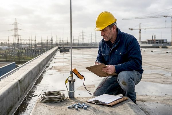 Engineer inspecting lightning rod installation outdoors