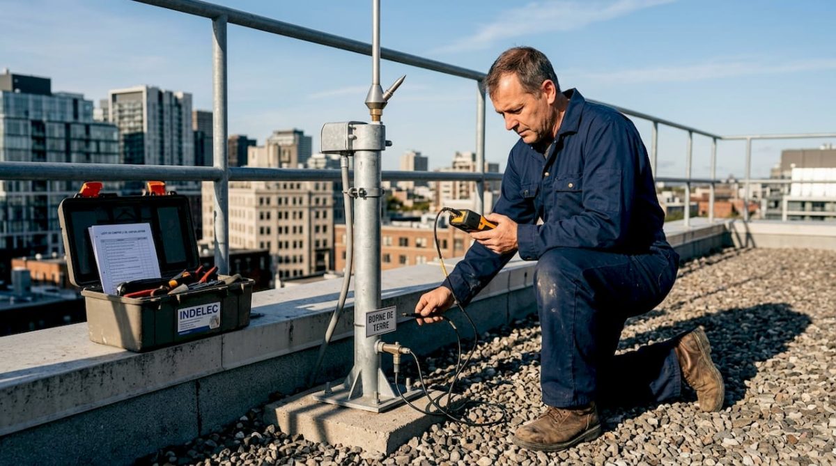 Un technicien effectue des mesures avec un télémètre sur le paratonnerre du toit.