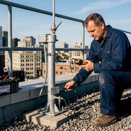 Un technicien effectue des mesures avec un télémètre sur le paratonnerre du toit.