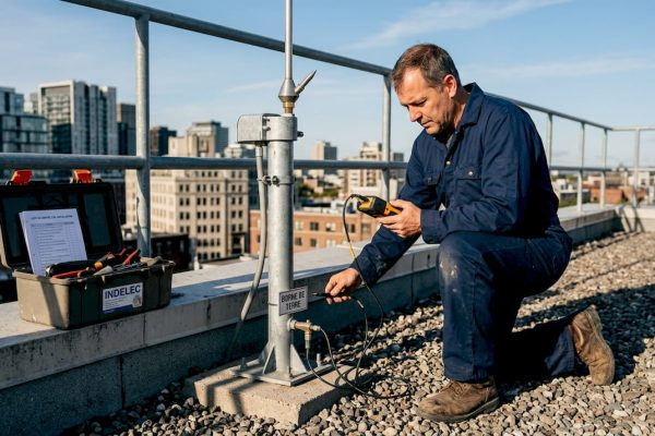 Un technicien effectue des mesures avec un télémètre sur le paratonnerre du toit.