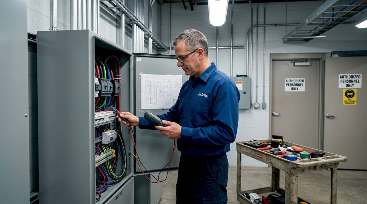 Engineer inspects electrical equipment in facility