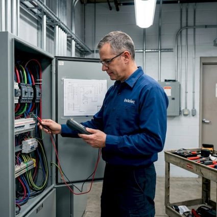 Engineer inspects electrical equipment in facility