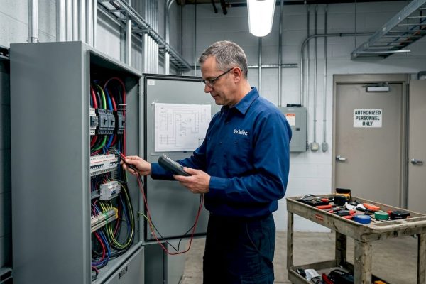 Engineer inspects electrical equipment in facility