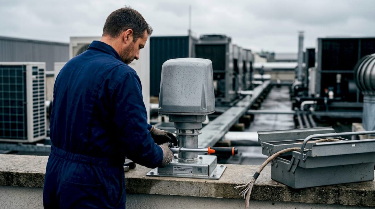 Un technicien procède à l’installation d’un paratonnerre sur le toit d’un bâtiment.