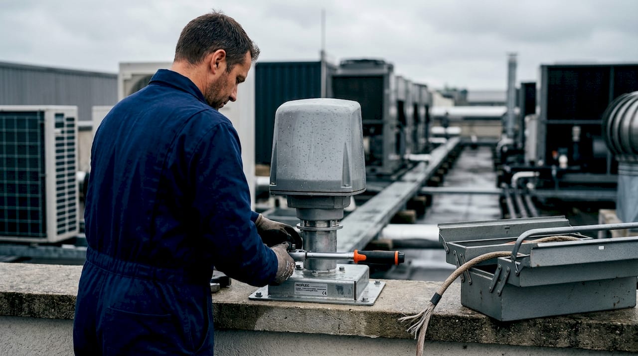 Un technicien procède à l’installation d’un paratonnerre sur le toit d’un bâtiment.
