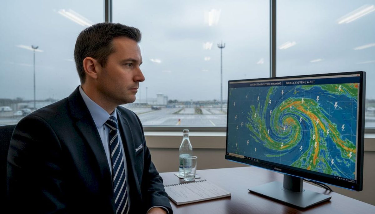 Manager checking weather monitoring system alerts