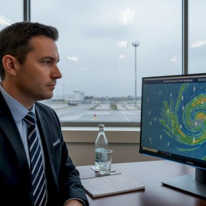 Manager checking weather monitoring system alerts