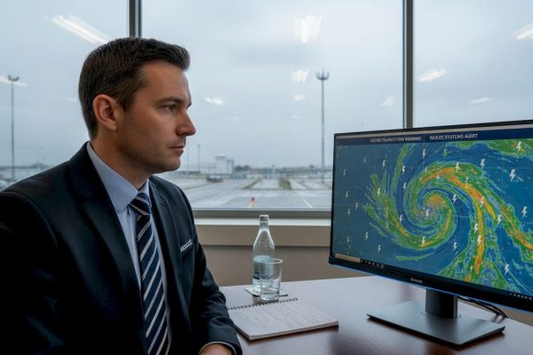 Manager checking weather monitoring system alerts