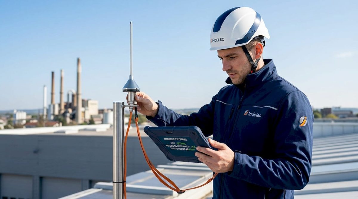 Un technicien inspecte le système de protection contre la foudre installé sur le toit.