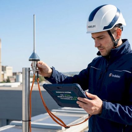 Un technicien inspecte le système de protection contre la foudre installé sur le toit.