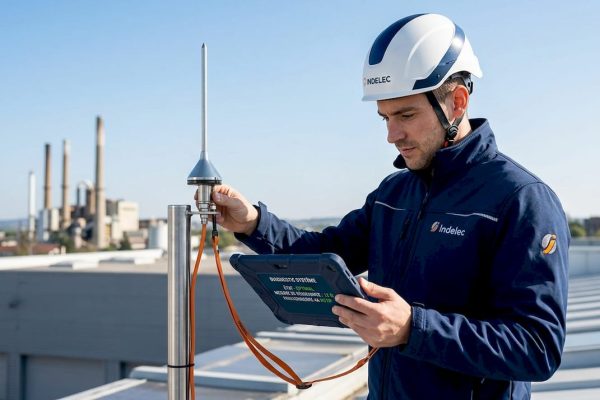 Un technicien inspecte le système de protection contre la foudre installé sur le toit.