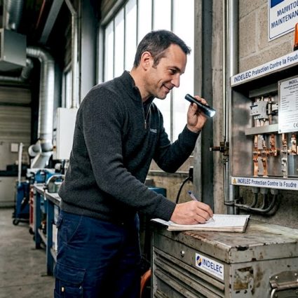 Un ingénieur procède à la vérification d’un dispositif de protection contre la foudre.