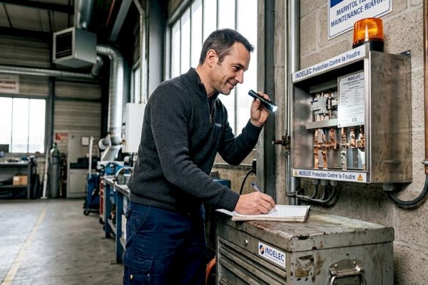 Un ingénieur procède à la vérification d’un dispositif de protection contre la foudre.