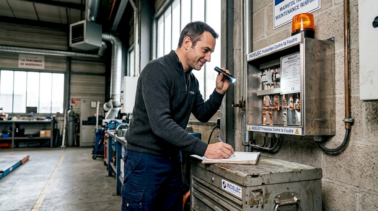 Un ingénieur procède à la vérification d’un dispositif de protection contre la foudre.