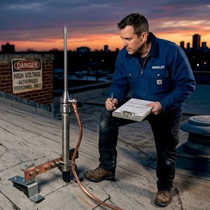 Inspector auditing rooftop lightning protection equipment