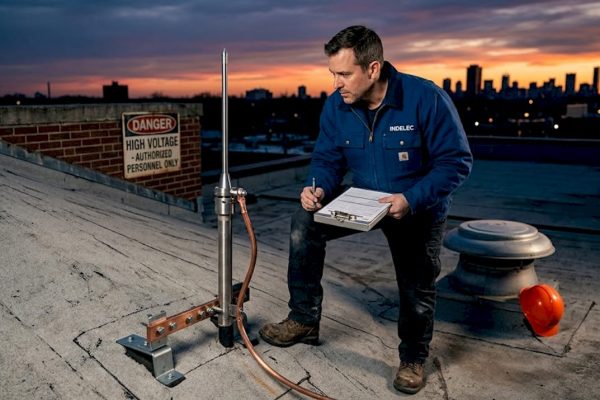 Inspector auditing rooftop lightning protection equipment