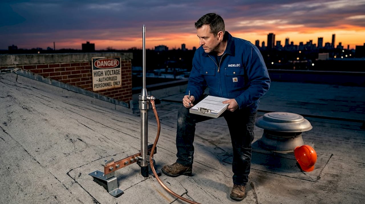 Inspector auditing rooftop lightning protection equipment