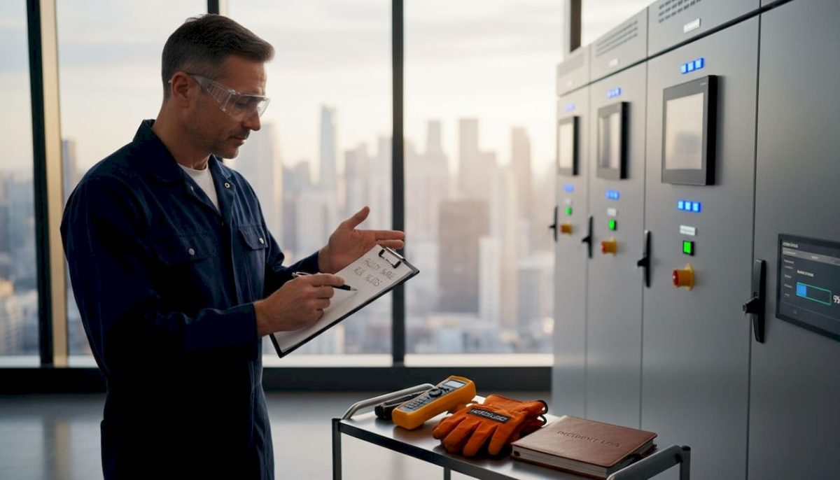 Engineer inspecting control room surge protection