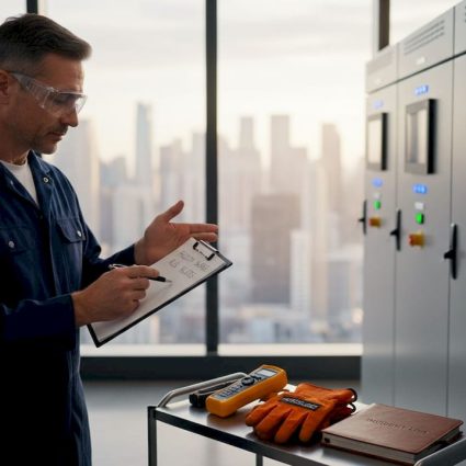 Engineer inspecting control room surge protection