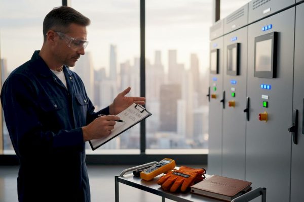 Engineer inspecting control room surge protection