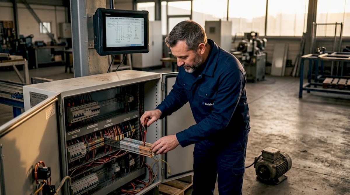 Un technicien en train de contrôler une armoire électrique sur un site industriel