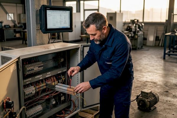 Un technicien en train de contrôler une armoire électrique sur un site industriel