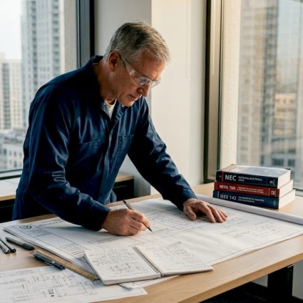 Engineer reviewing industrial grounding blueprints