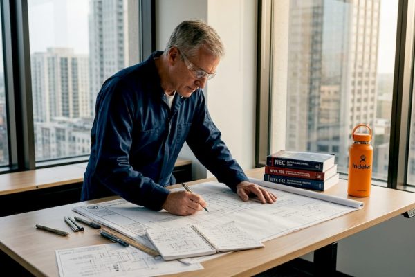 Engineer reviewing industrial grounding blueprints