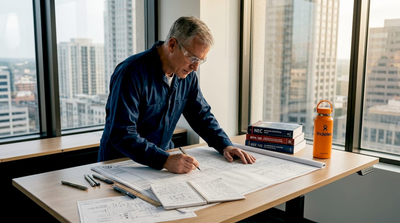 Engineer reviewing industrial grounding blueprints