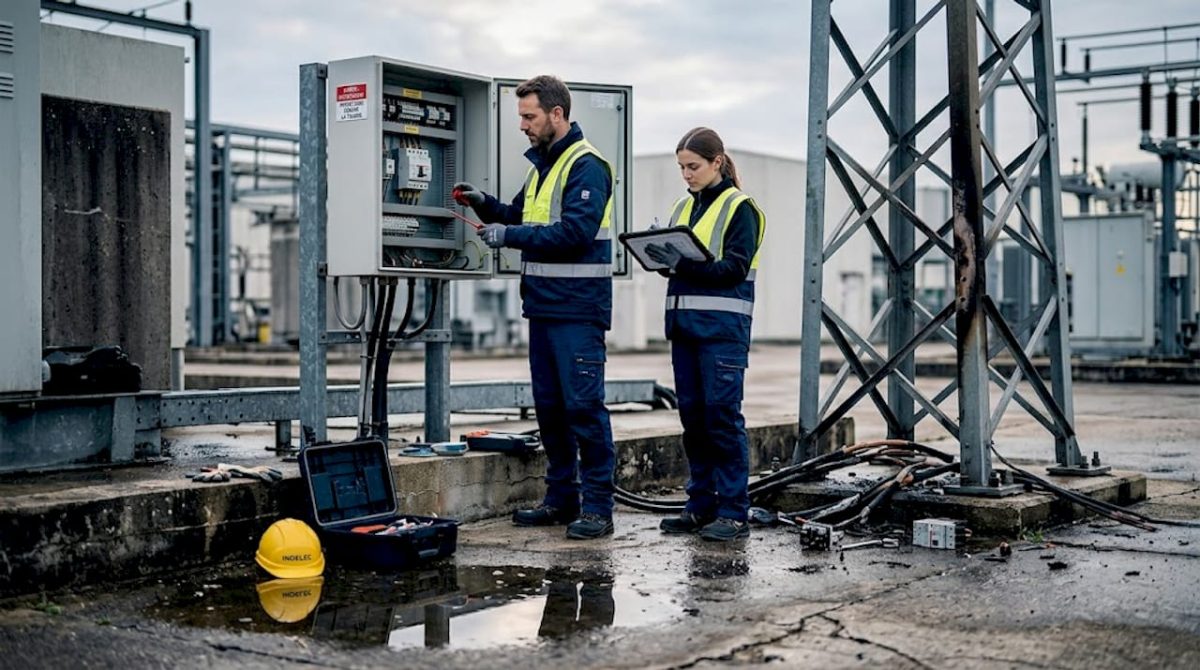 Des techniciens procèdent à l’examen des dommages causés par la foudre sur un site industriel.